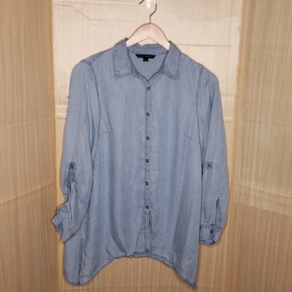 Zac & Rachel Womens Blue Lyocel Asymmetrical Button Down Shirt Large - Picture 1 of 7